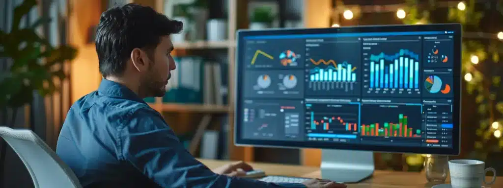 a therapist sitting at a computer, surrounded by bright, colorful graphs and charts showing website traffic and engagement metrics.