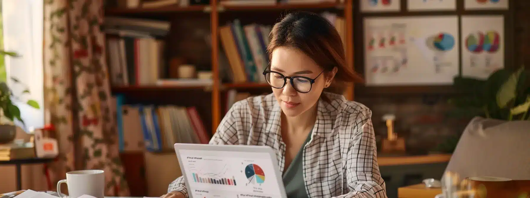 a therapist analyzing data on a laptop, surrounded by graphs and charts, with a focused expression.