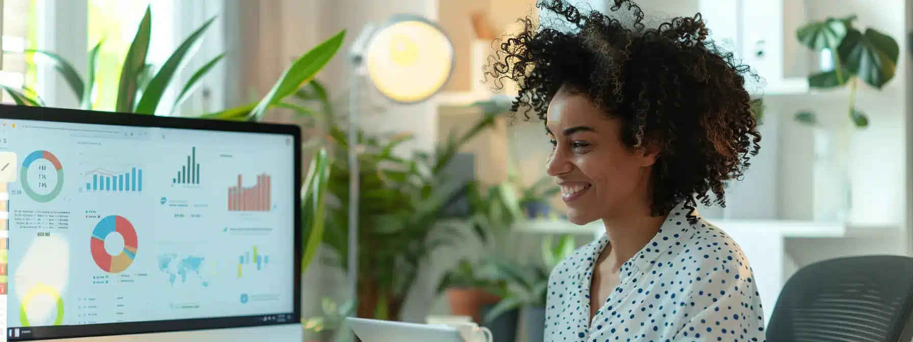 a therapist reading glowing client reviews on a computer screen, with a smile on their face, surrounded by positive testimonials and graphs showing increased visibility online.