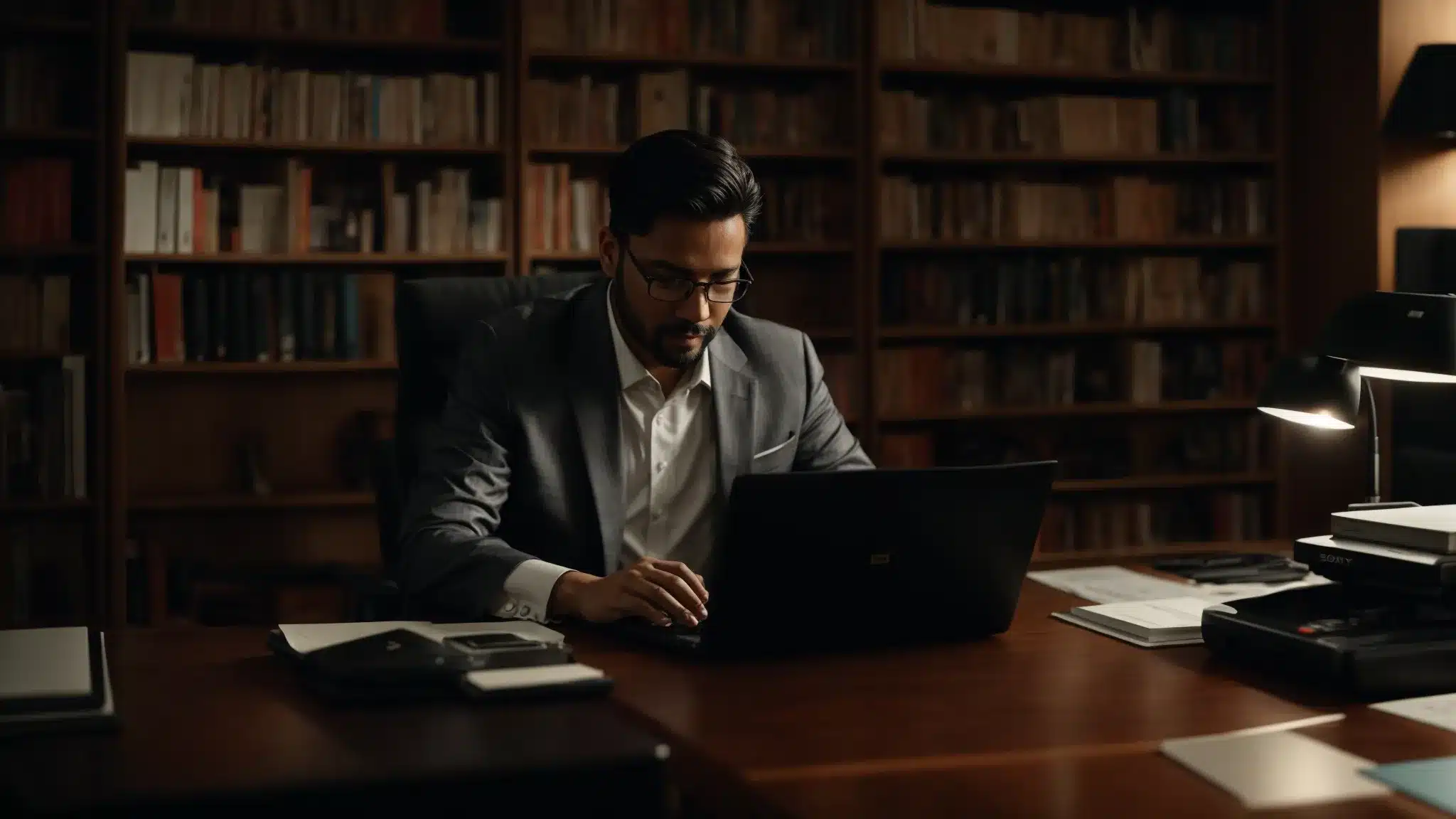 a therapist sitting at a desk, typing on a laptop with a focused expression, surrounded by books on seo and a local chamber of commerce booklet.