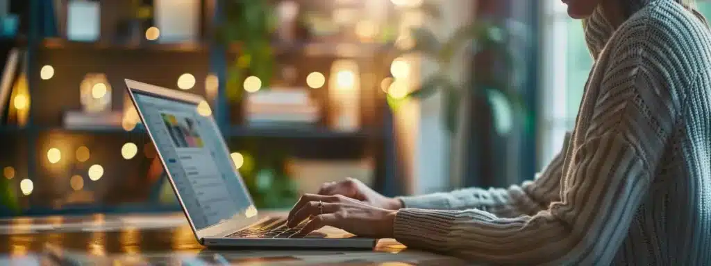 a therapist sitting at a desk, typing on a laptop with a vibrant and engaging social media profile displayed on the screen.