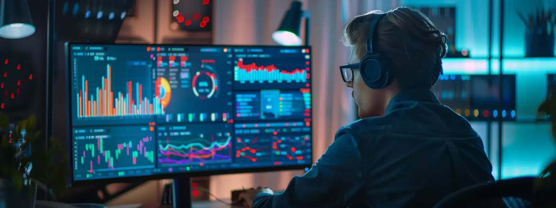 a person analyzing a computer screen covered in colorful graphs and charts, highlighting intricate data patterns for seo optimization.