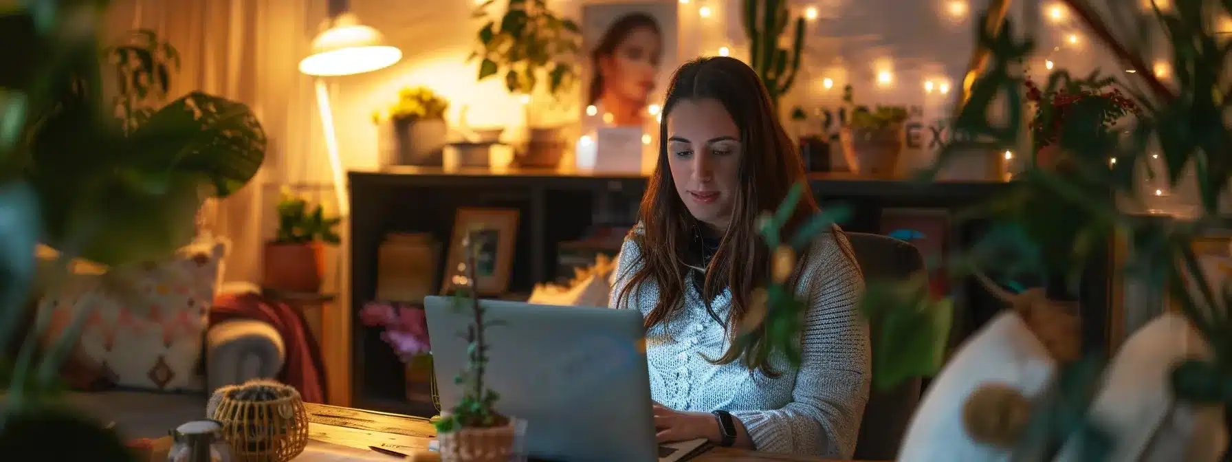 a therapist in a cozy office, surrounded by peaceful decor, engaging with clients through a laptop showcasing a social media page filled with positive testimonials.