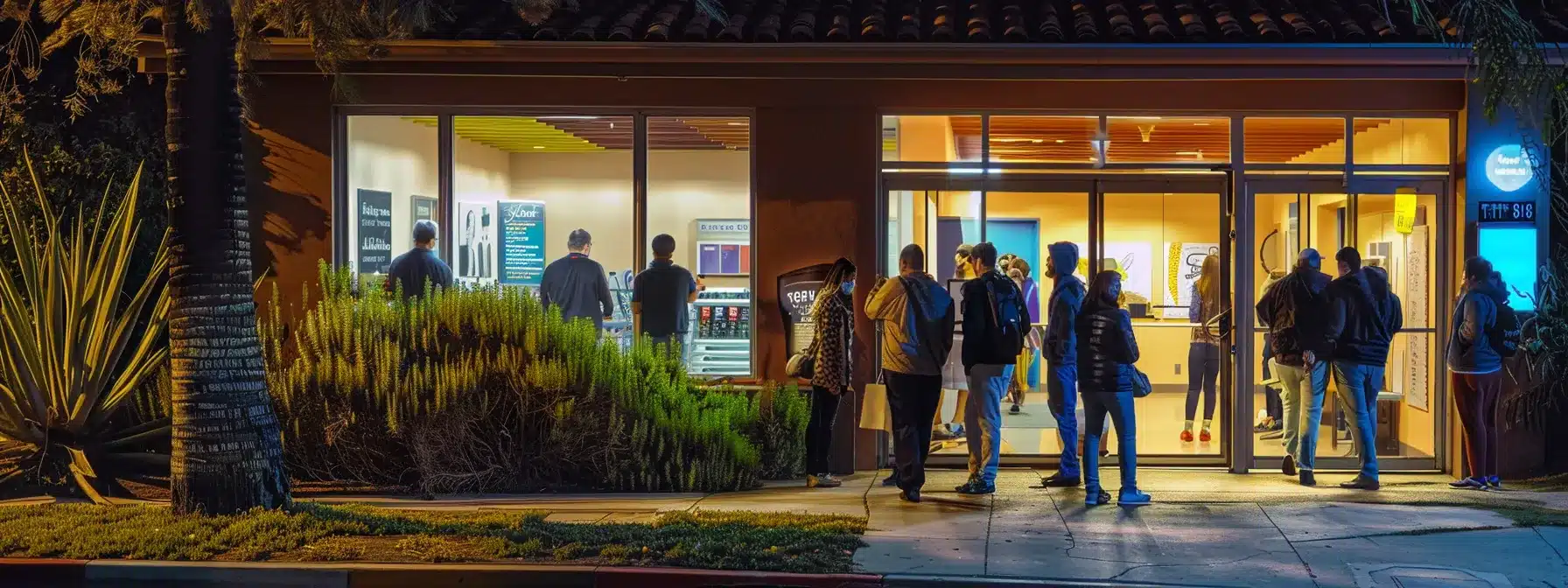 a therapist's office with a vibrant sign and a line of people waiting outside, showcasing the impact of local seo on attracting clients.