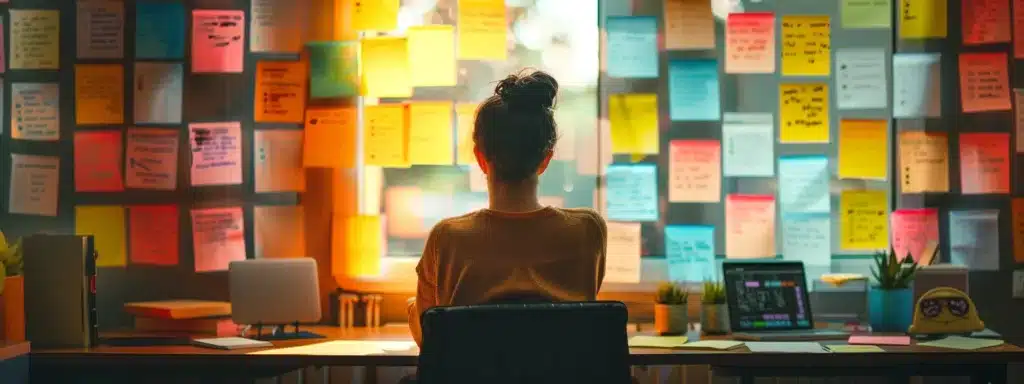 a therapist sitting at a desk, surrounded by colorful post-it notes filled with keywords and phrases for website optimization.