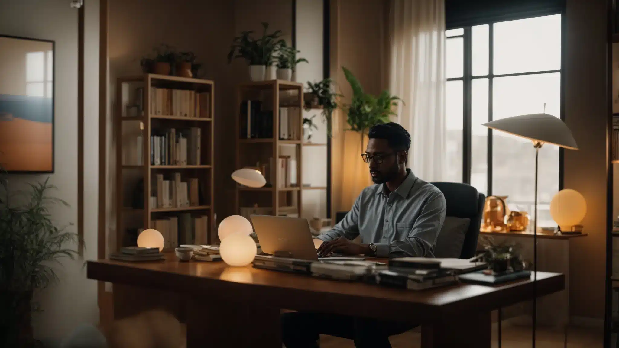 a psychotherapist sitting confidently in a cozy office, surrounded by books and calming decor, with a laptop open showcasing a website highlighting their unique therapeutic approach.