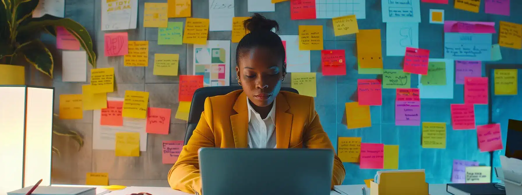 a therapist sitting at a desk, typing on a laptop surrounded by colorful sticky notes covered in relevant keywords.