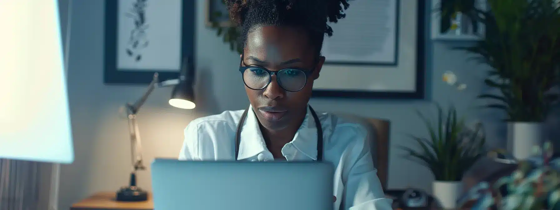 a therapist sitting at a desk, typing on a laptop with a serious and focused expression, with a framed certificate on the wall behind them.