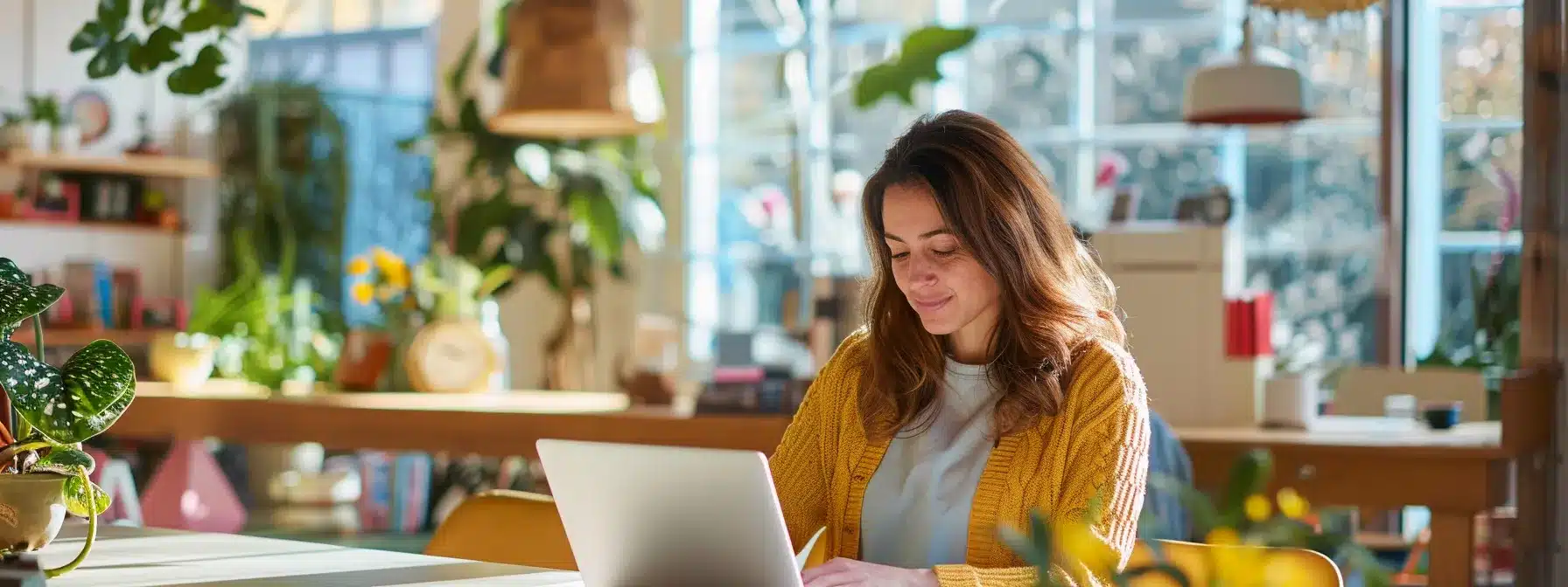 a therapist updating their google my business profile on a laptop with a bright, welcoming office in the background.