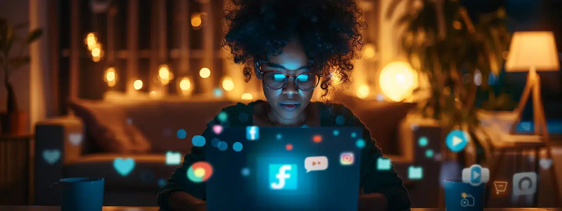 a therapist studying a laptop screen filled with various social media icons and trending topics in a cozy home office setting.