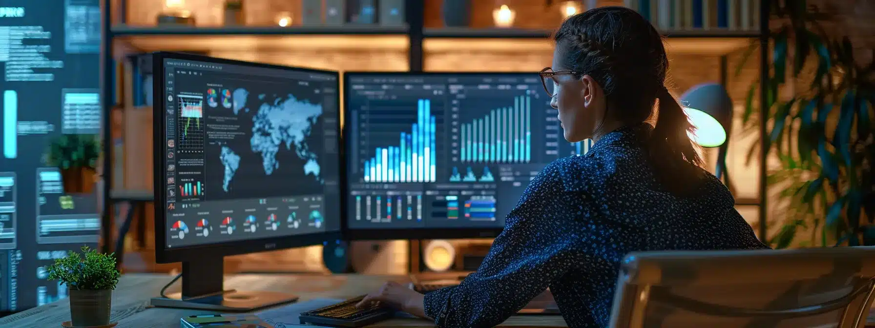 a person sitting at a desk, analyzing a computer screen filled with graphs and data charts related to local seo strategy monitoring and adaptation.