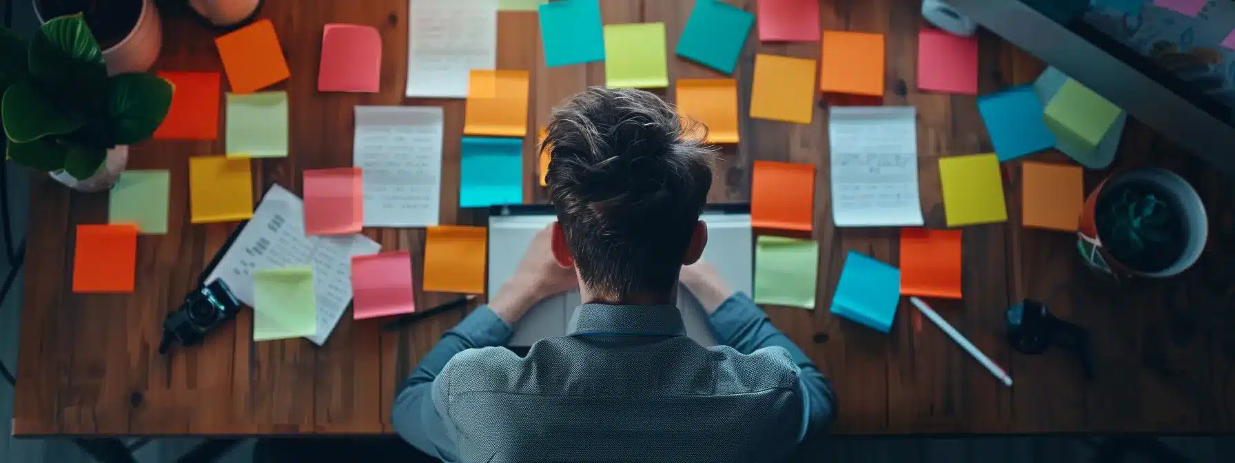 a therapist sitting at a desk, surrounded by colorful sticky notes bearing targeted keywords, while working on improving their website design.