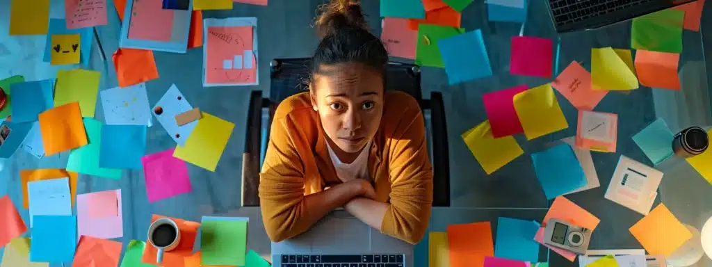 a therapist sitting at a desk covered in colorful sticky notes, a laptop open with social media platforms displayed, a cup of coffee, and a thoughtful expression on their face.