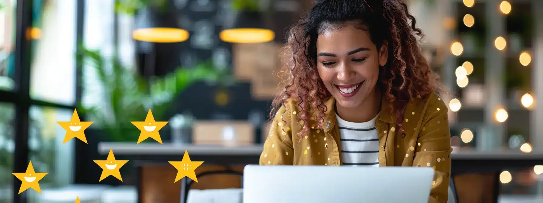 a therapist smiling as they read positive online reviews on their laptop, surrounded by glowing testimonials and a chart showing their improved reputation on review sites.