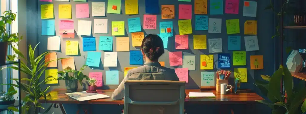 a therapist sitting at a desk surrounded by colorful sticky notes labeled with various targeted keywords.