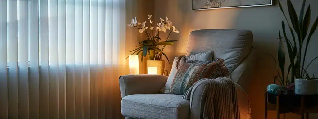 a therapist's office with a cozy armchair, soft lighting, and a calming color palette.