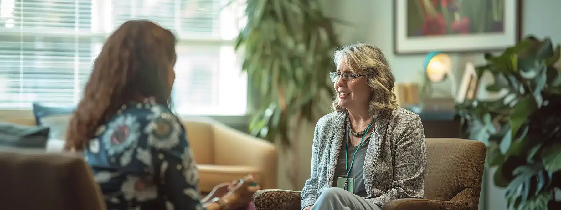 a counselor engaging in a deep, empathetic conversation with a client, surrounded by warm, welcoming decor in a counseling office.