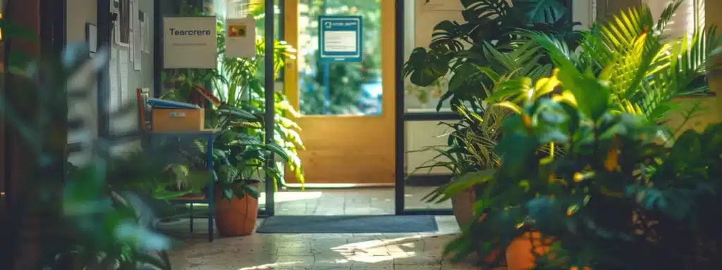 a therapist's cozy office with a bright welcoming sign outside, surrounded by lush green plants for a serene and inviting atmosphere.