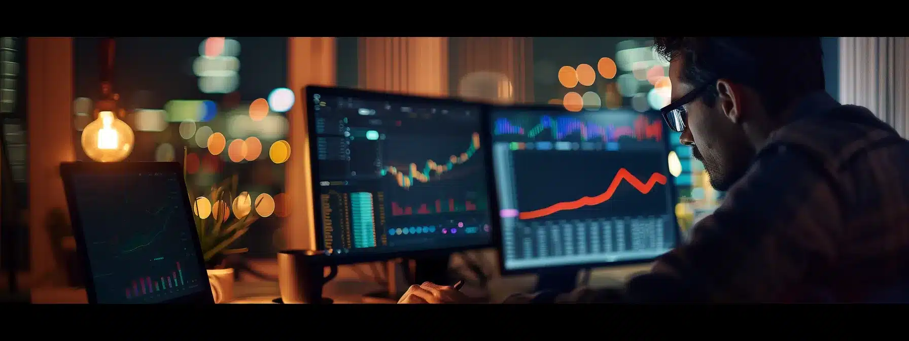 a person analyzing data on a computer screen with charts and graphs showing keyword performance.