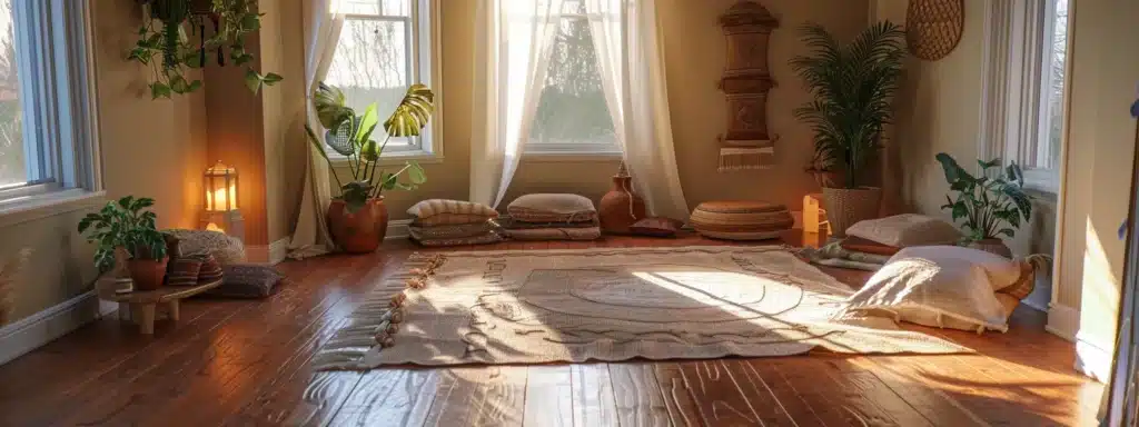 a peaceful meditation room filled with soft natural light, cozy blankets, and calming aromatherapy, perfect for attracting therapy clients.