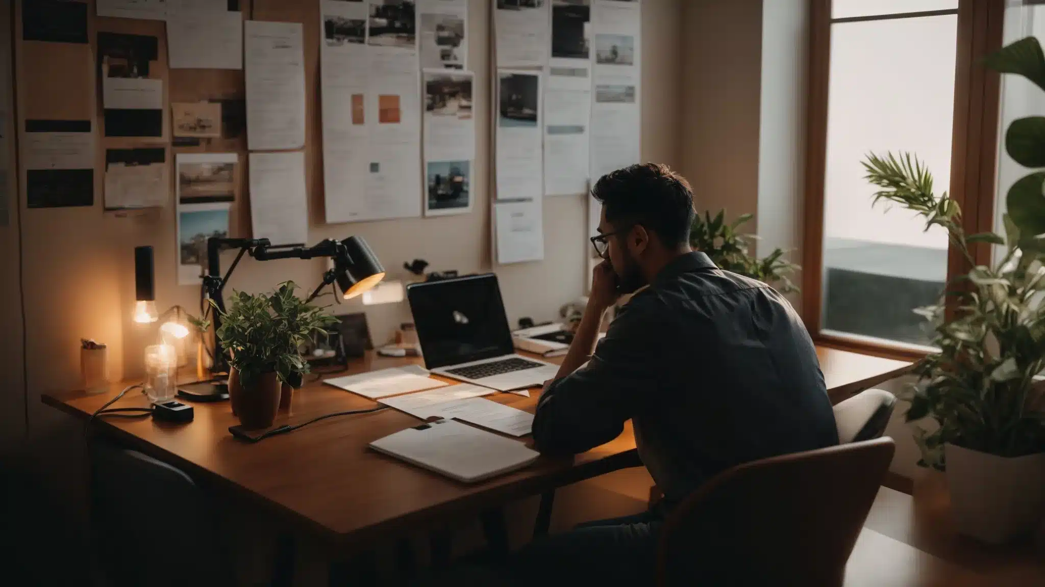 a therapist sitting at their desk, surrounded by client feedback forms and a vision board, reflecting on personal and professional growth to maintain and evolve their brand.