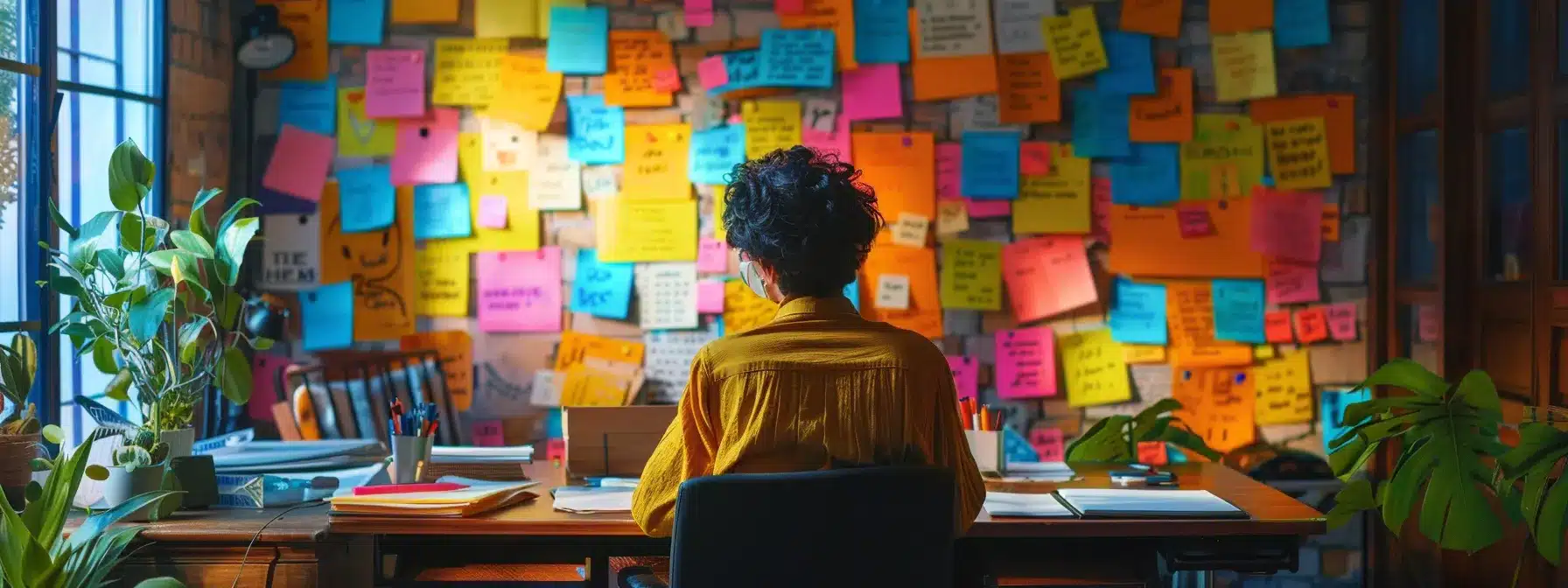 a therapist sitting at a desk surrounded by colorful post-it notes with various long-tail keywords related to mental health and therapy services.