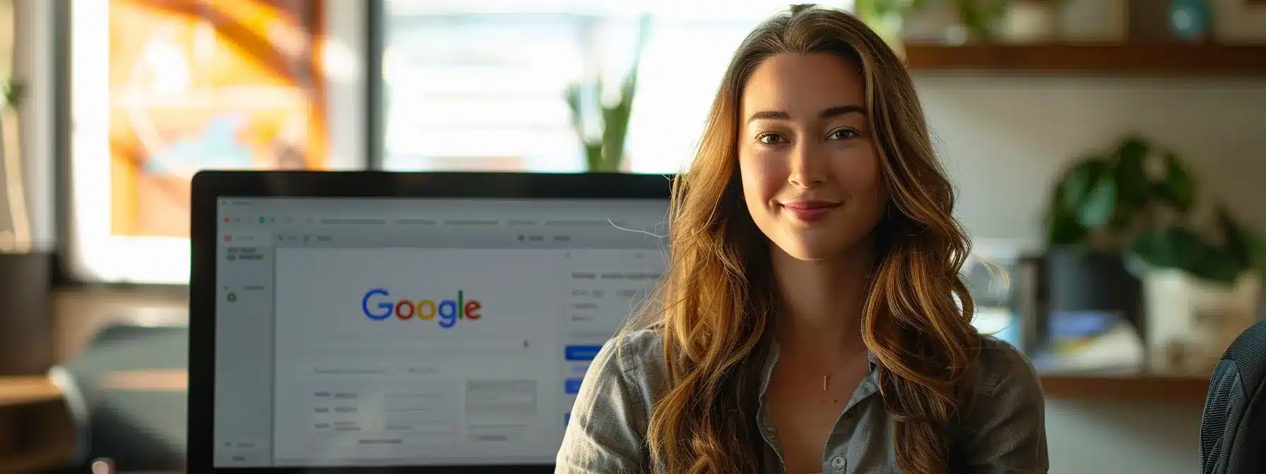 a therapist standing confidently in front of a vibrant google business profile page on a computer screen, showcasing glowing reviews and advanced features for maximum local exposure.