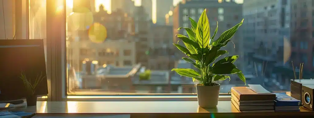 a therapist's serene office nestled in a bustling cityscape, with a vibrant green plant adding a touch of tranquility amidst the urban hustle and bustle.