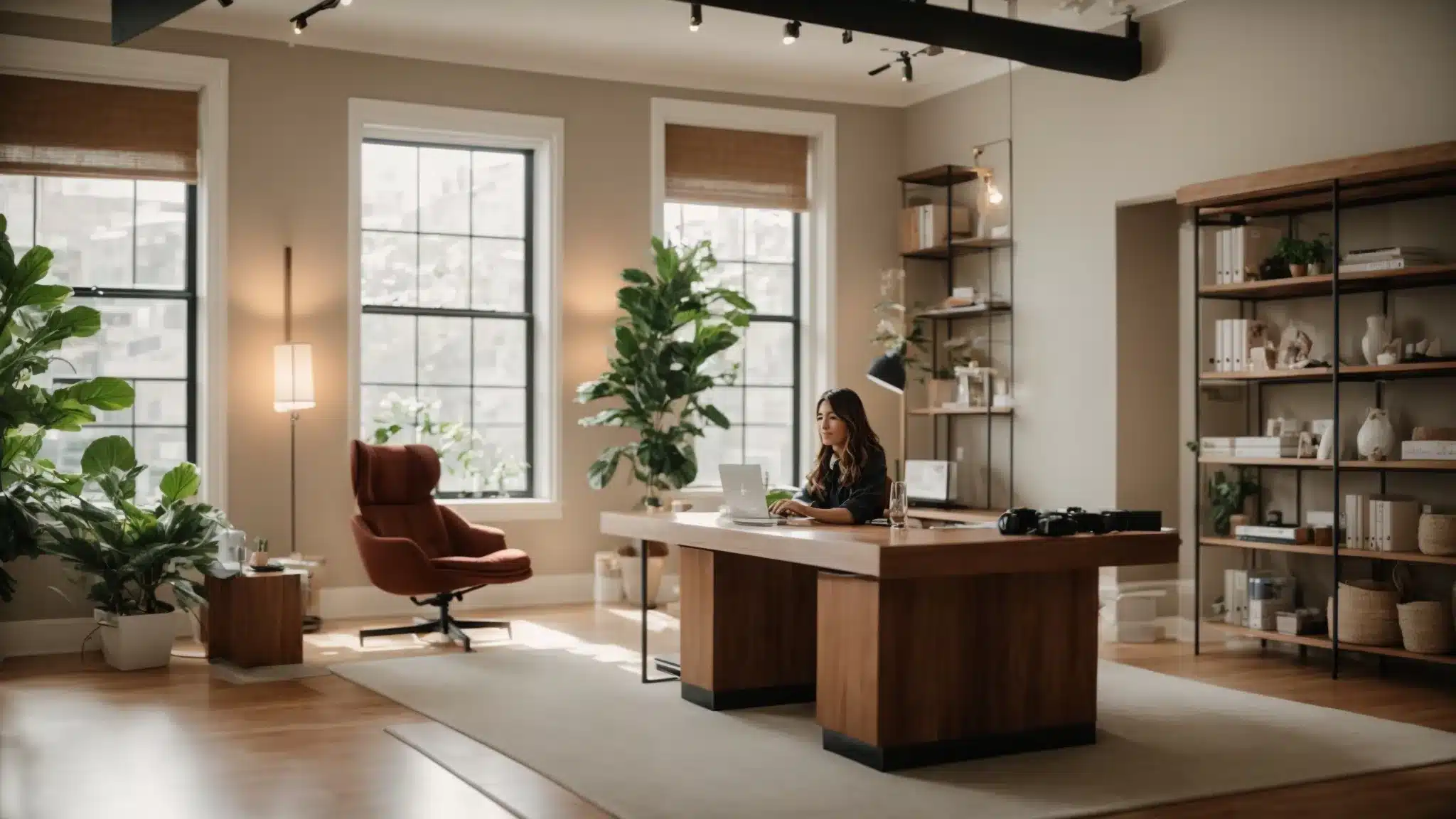 a therapist sitting confidently in a cozy office, surrounded by calming decor and a personalized branding statement displayed prominently on the wall.