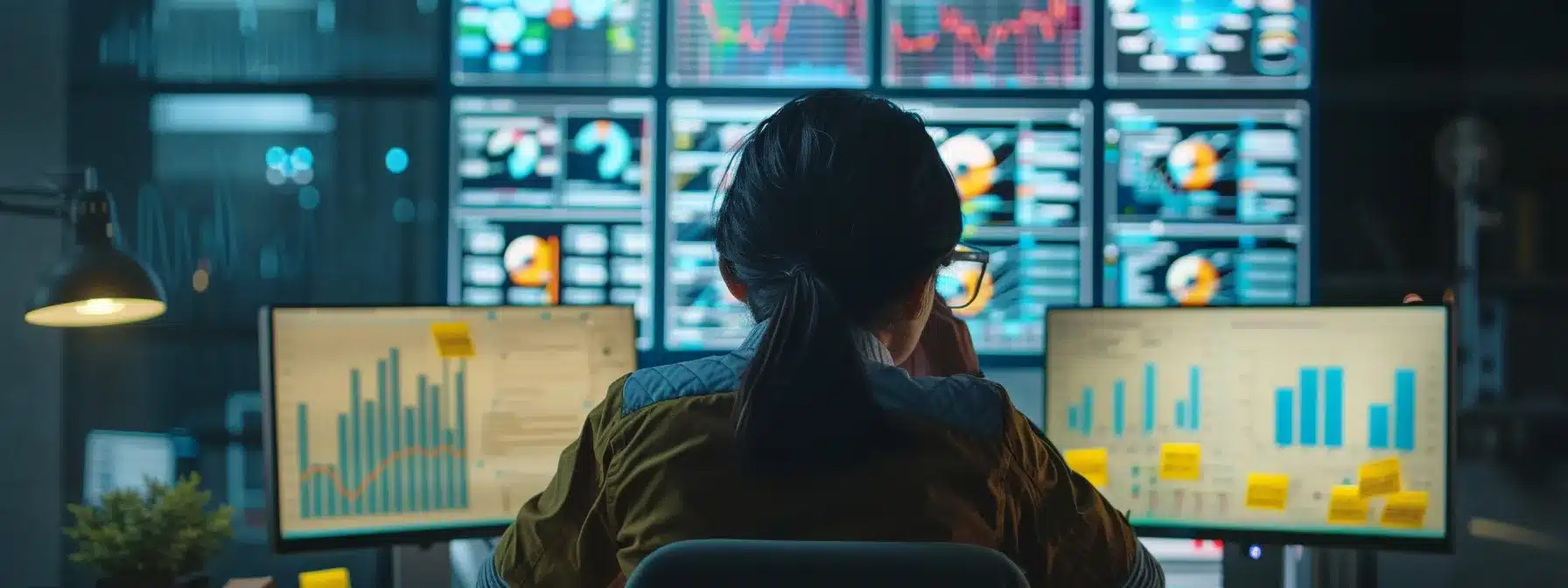 a person analyzing a computer screen filled with data charts and graphs, surrounded by sticky notes with patient feedback and engagement goals written on them.