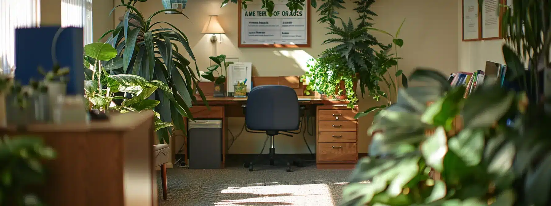 a cozy office space with a welcoming sign displaying the practice's name, phone number, and address, surrounded by lush green plants and calming decor.