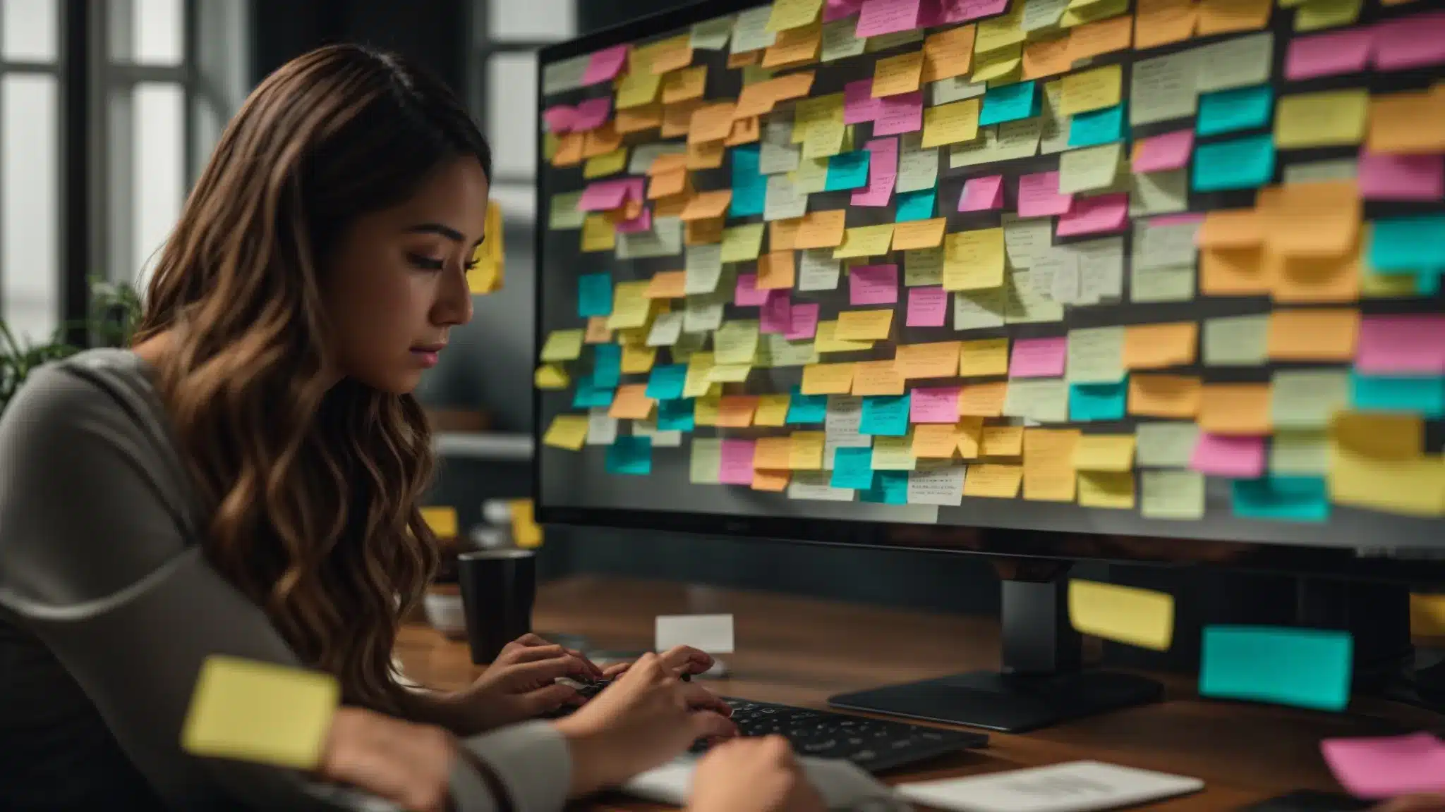 a therapist carefully selecting keywords related to mental health and wellness on a computer screen, surrounded by colorful sticky notes with targeted search terms for seo optimization.