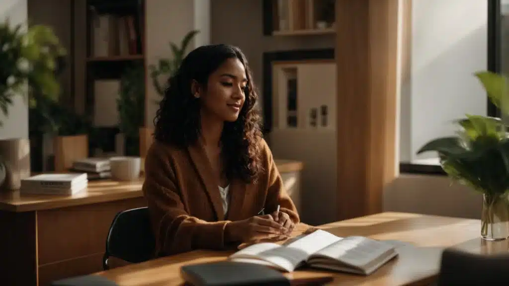 a therapist engaging with clients in a cozy and inviting office space, sharing positive and inspiring content on their social media profiles.