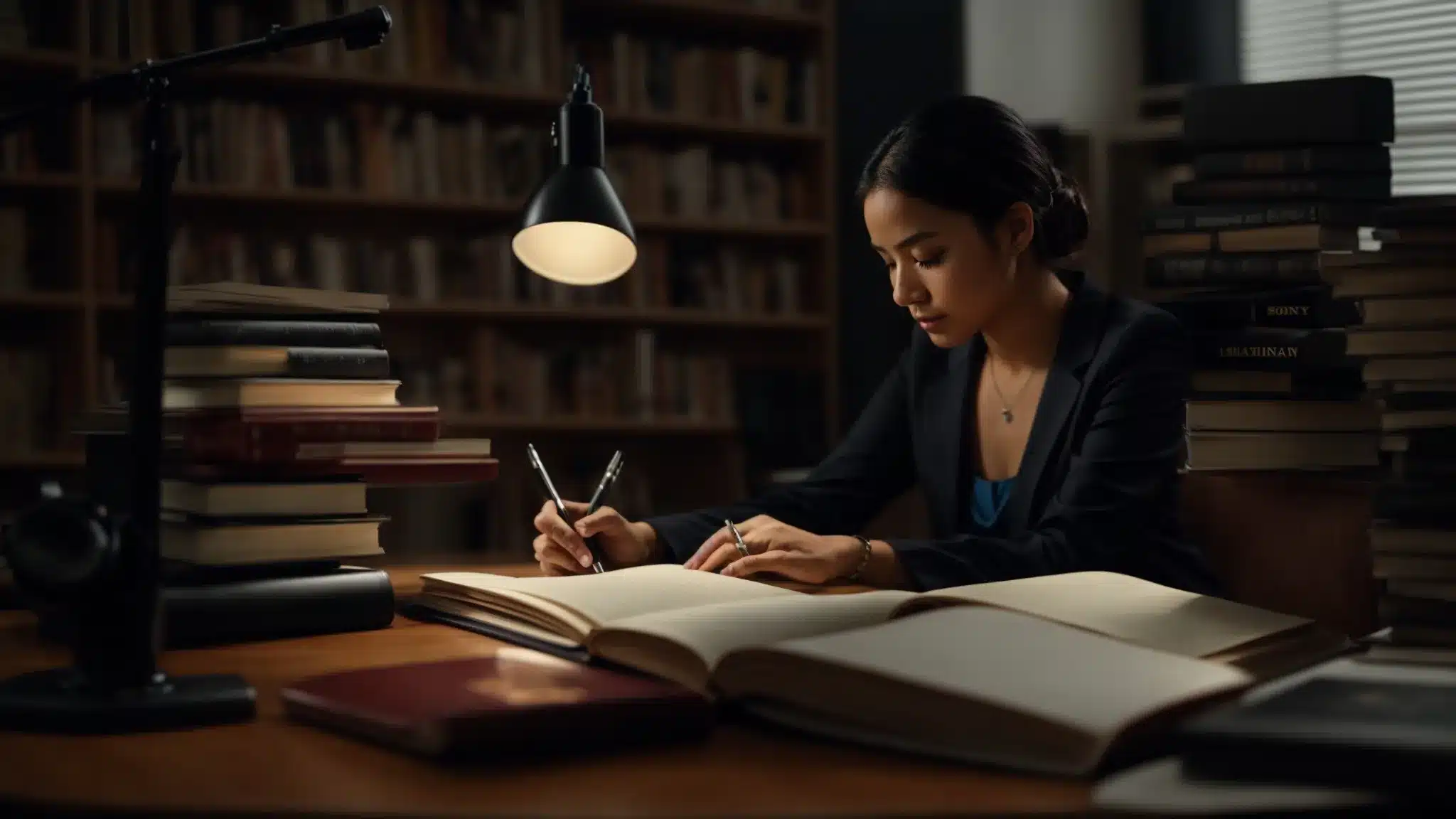 a psychotherapist sitting at a desk with a stack of books, writing notes and surrounded by modern communication devices, reflecting professionalism and dedication to personal brand evolution.