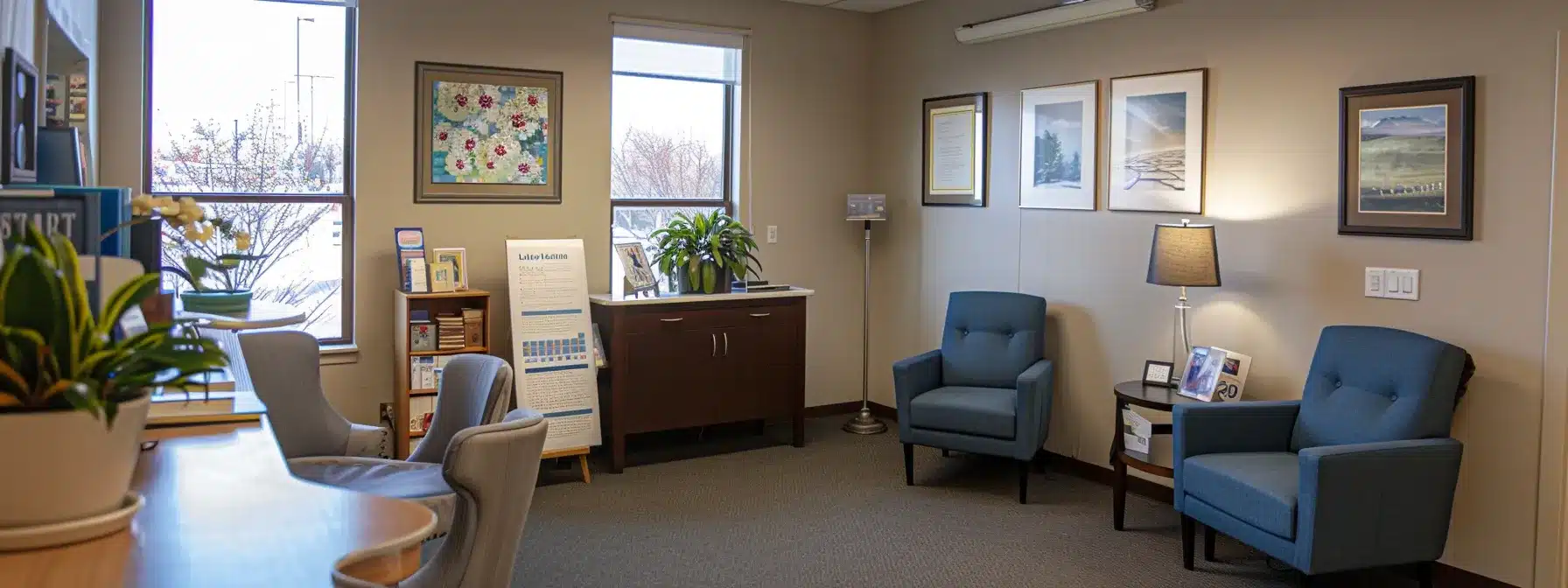 a warm, inviting counseling office with a prominent sign displaying contact information for local seo success.