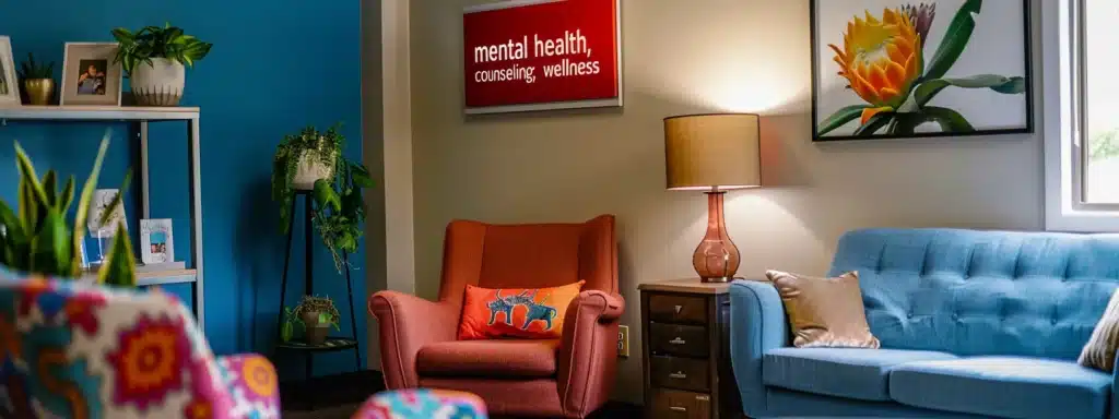 a therapist's office with a vibrant, eye-catching sign displaying targeted keywords like "mental health," "counseling," and "wellness" to attract online visibility.