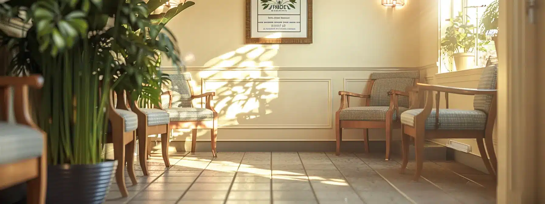 a therapist's office appearing in a local search result, showcasing a serene waiting room with a welcoming sign and comfortable chairs.