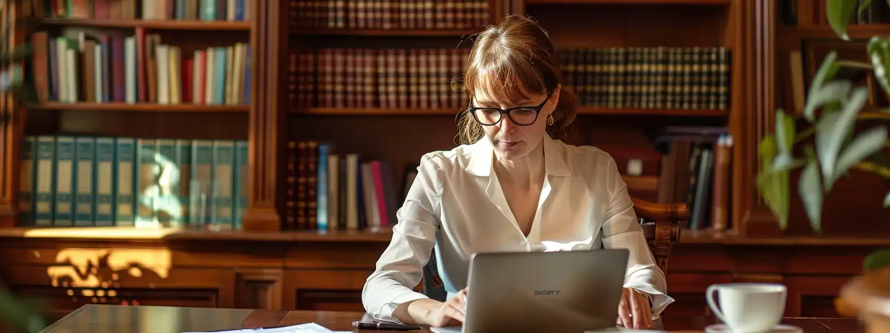 a therapist sitting at a clean, organized desk, typing on a laptop with a serious but focused expression, surrounded by books on legal considerations and privacy laws.