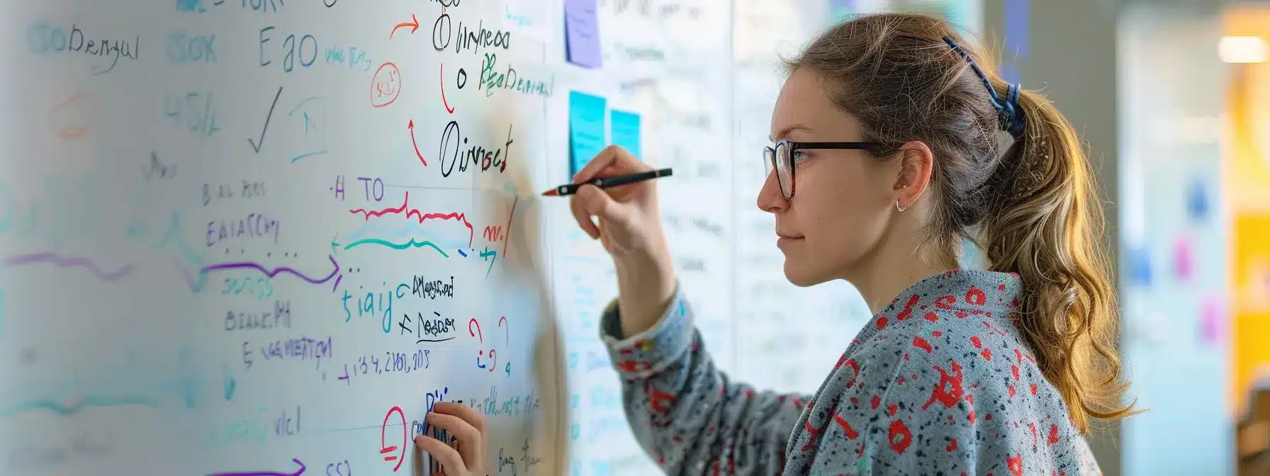 a therapist writing therapy-related keywords on a whiteboard surrounded by colorful client interests to create an effective seo strategy.