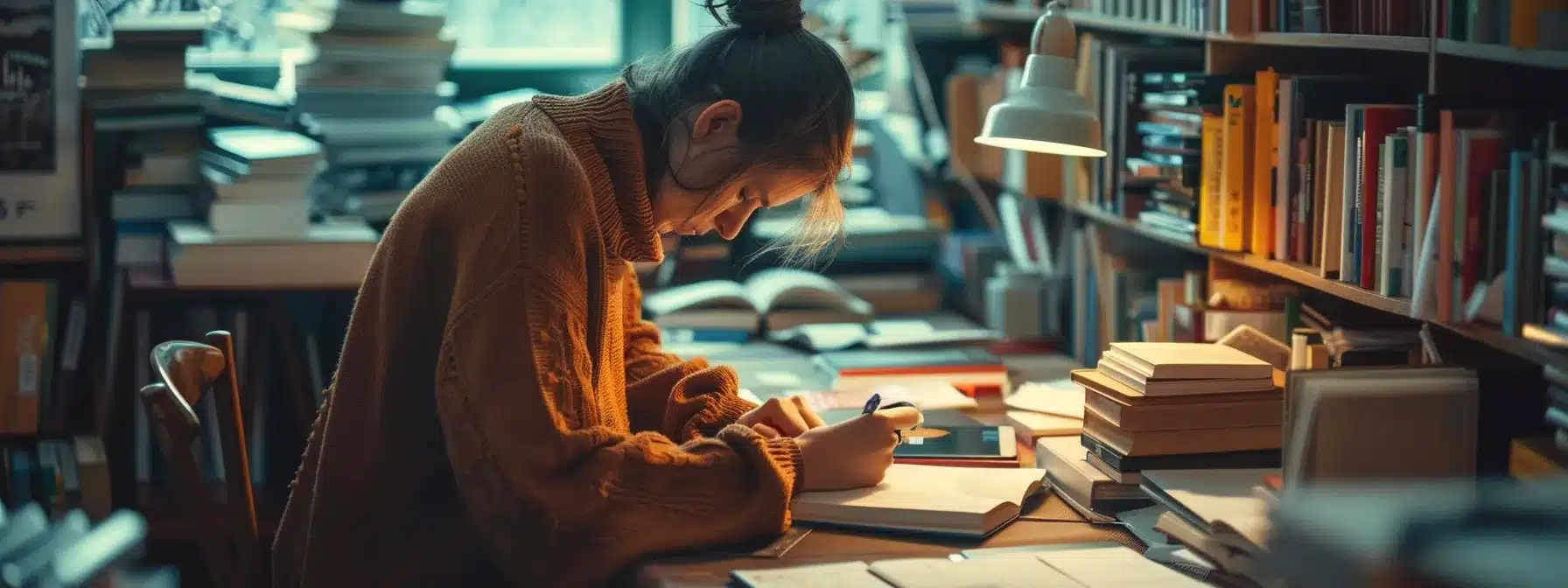 a person carefully crafting a thoughtful and informative social media post, surrounded by books on ethics and professionalism.