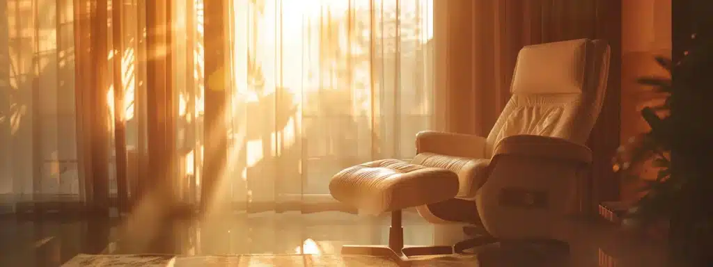 a peaceful therapy room with a cozy armchair by a sunlit window.