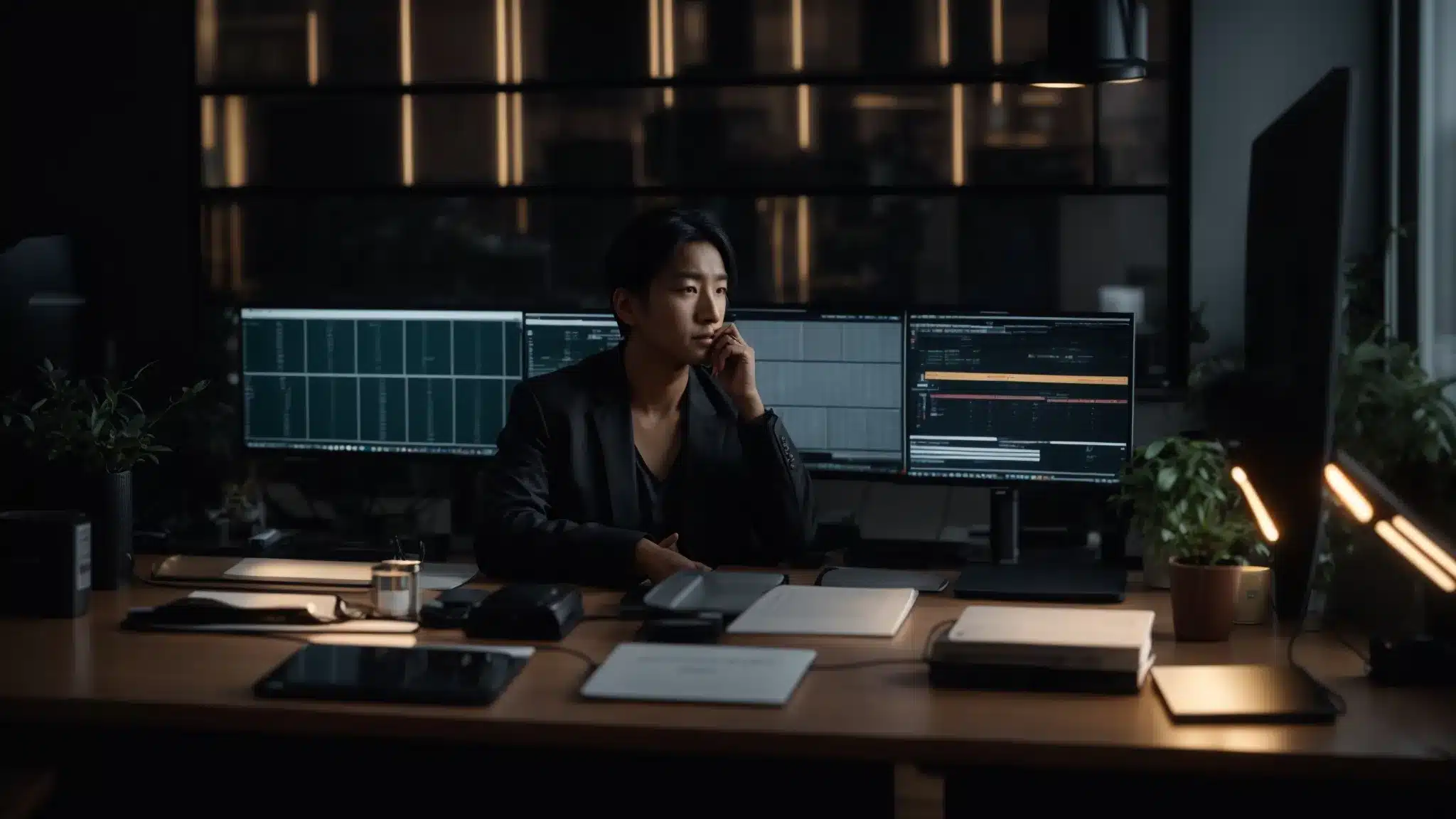 a therapist sitting at a desk, surrounded by computer screens displaying keyword research tools, deep in thought.