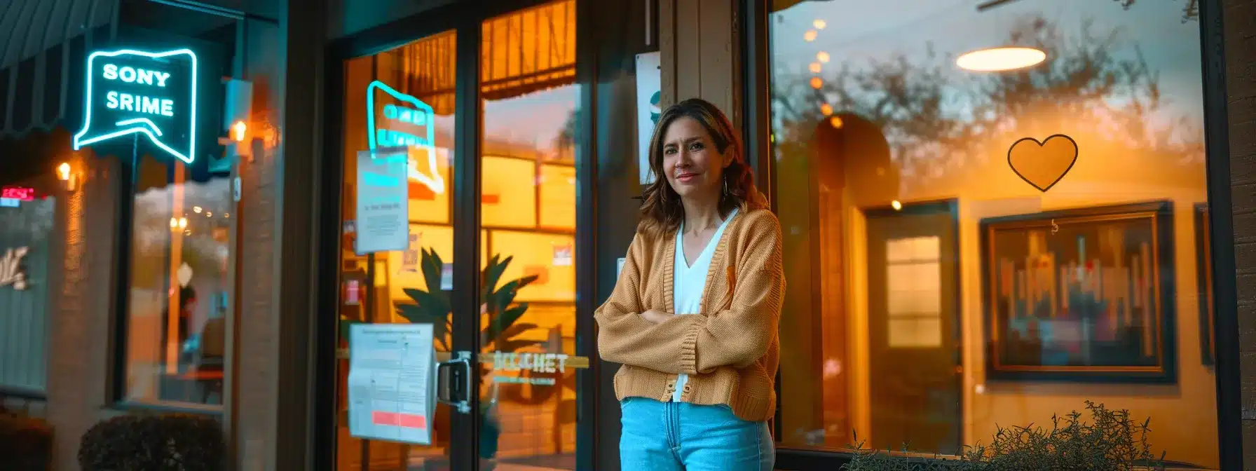 a therapist standing confidently outside a counseling office, surrounded by glowing high-authority directory signs and vibrant social platform logos.