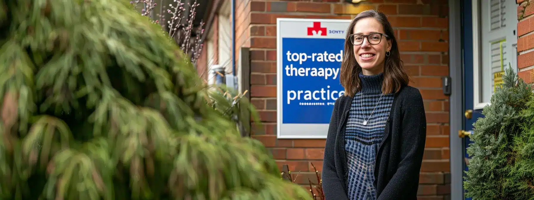 a therapist standing outside their warmly decorated office, with a sign reading 