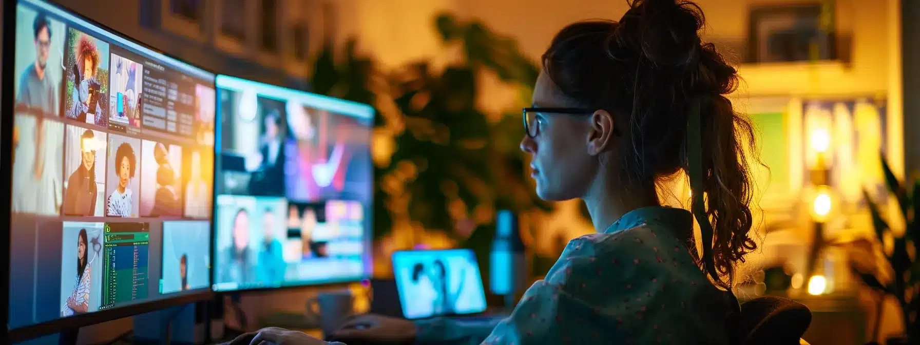 a therapist sitting at a computer, analyzing data on a variety of social media platforms for their practice.