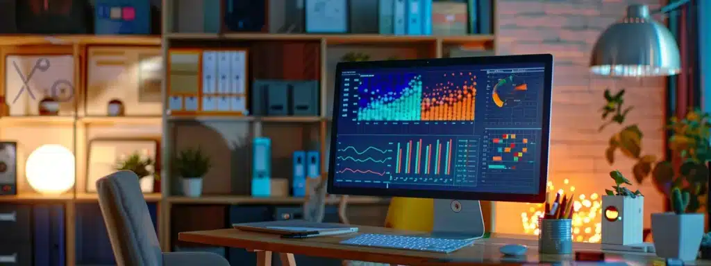 a therapist in a modern office analyzing a computer screen filled with colorful graphs and data charts on their website's performance.