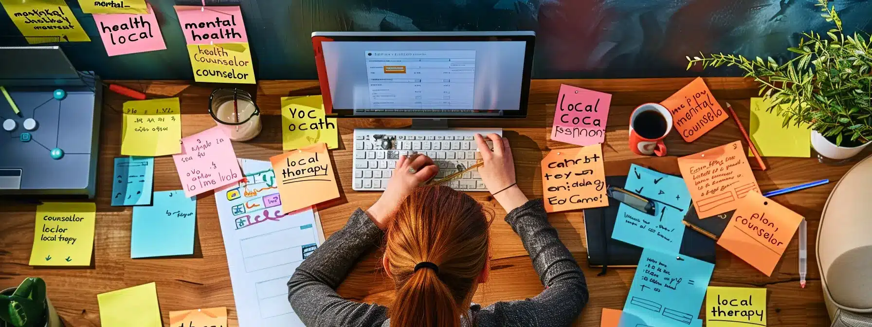 a therapist sitting at a desk typing on a computer, surrounded by sticky notes with keywords like 