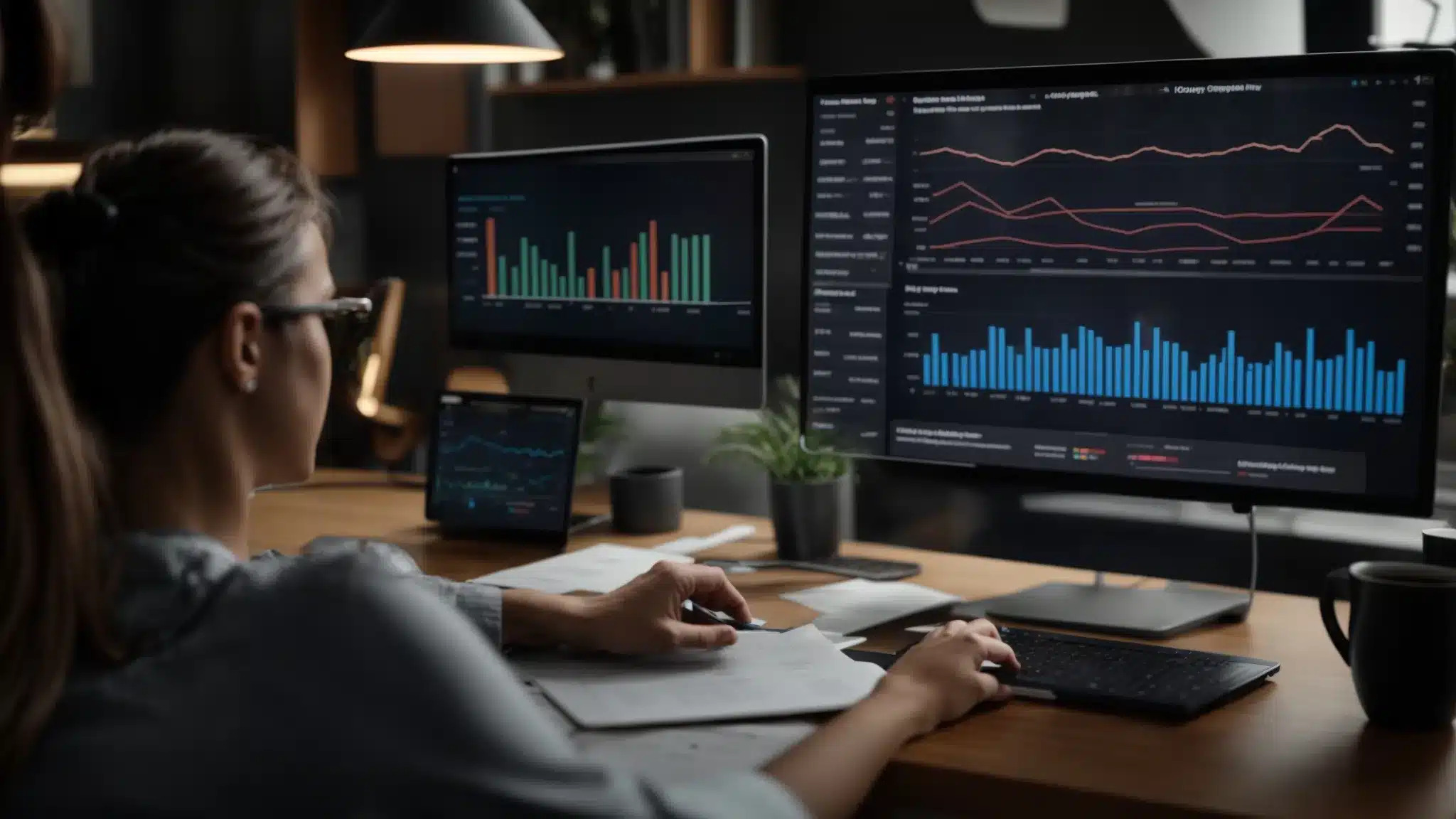 a therapist analyzing client interaction metrics on a laptop screen, surrounded by charts and graphs showing trends and preferences, highlighting the importance of data-driven decision-making.