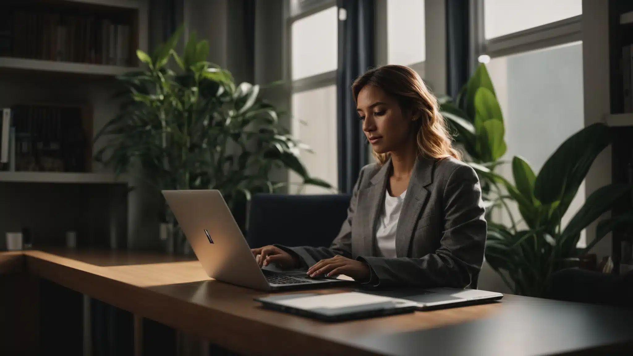 a therapist sitting in a cozy office, typing on a laptop with a calming, cohesive social media brand displayed on the screen.