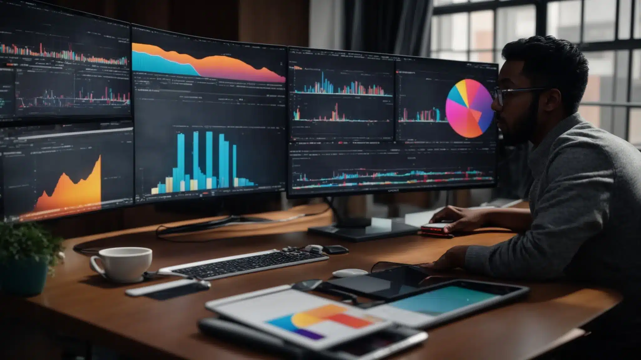 a person studying social media analytics on a computer, surrounded by colorful charts and graphs.